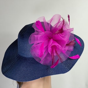 SALE Woman Navy Blue Hot Pink Hat Floppy Hat Party Hat Kentucky Derby Tea Wedding Cocktail Party Hat Church Hat Floppy Brim image 4