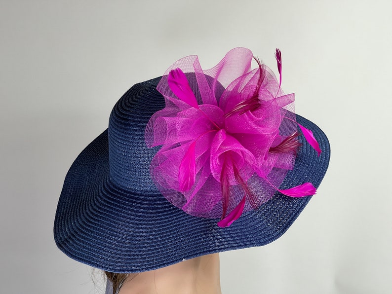 SALE Woman Navy Blue Hot Pink Hat Floppy Hat Party Hat Kentucky Derby Tea Wedding Cocktail Party Hat Church Hat Floppy Brim image 4