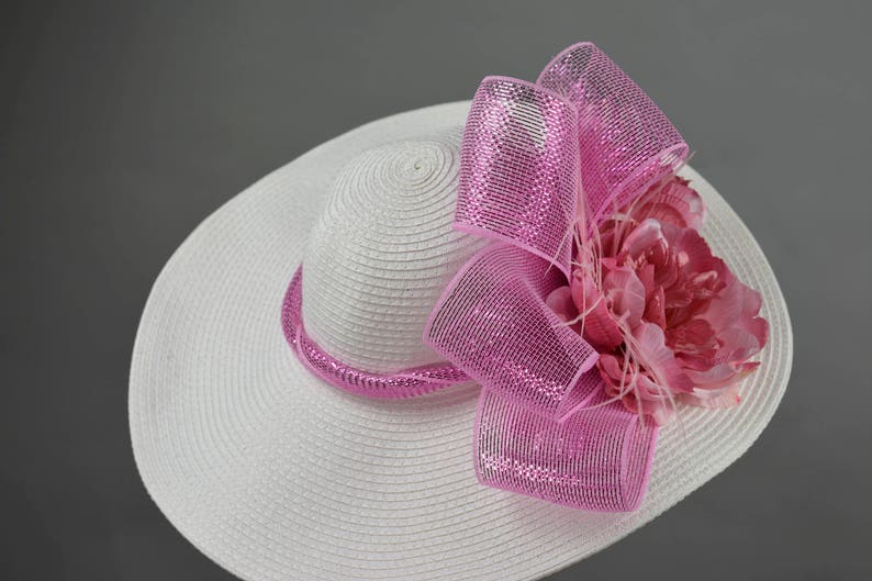Off White Big Pink Bow Wedding Hat Kentucky Derby Hat Fascinator Wedding Accessory Cocktail Hat