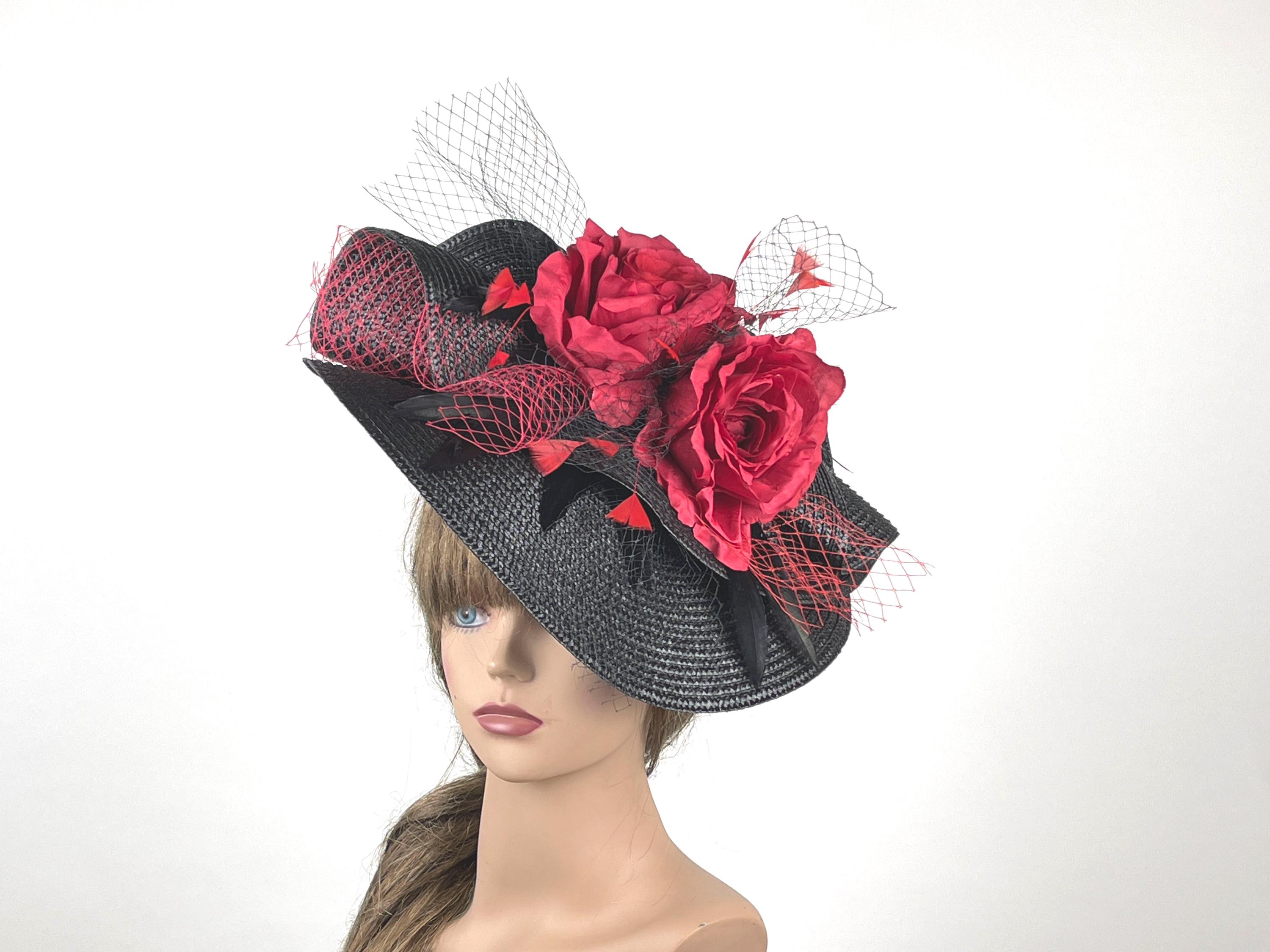 Black Kentucky Derby Hat: Red Rose Fascinator Headband 