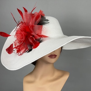 SALE Off White Red Woman Party Kentucky Derby Tea Hat Wedding Cocktail Party Hat Church Hat Wide Brim
