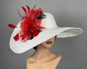 SALE White Red Woman Party Kentucky Derby Tea Hat Wedding Cocktail Party Hat Church Hat Wide Brim