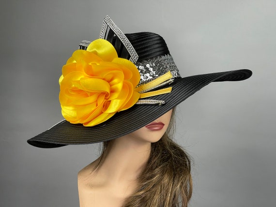 SALE Black Satin Kentucky Derby Hat: Yellow Floral Wide Brim  display picture 2
