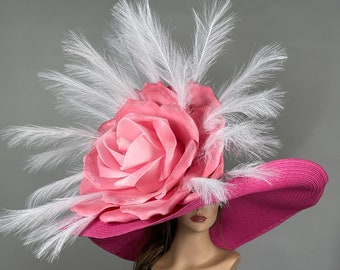 SALE Over Size 10" Brim Big  Wedding  Kentucky Derby Hat Tea Hat Cocktail Summer Woman Hat Horse Racing Big Hot Pink Hat