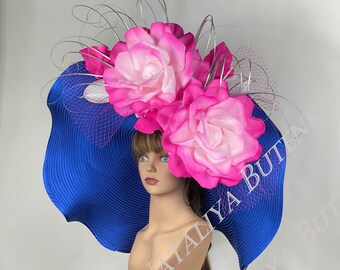 SALE Huge Over Size Blue Wedding Kentucky Derby Wedding Cocktail  Woman Over Size  Party Church  Woman Hat Party