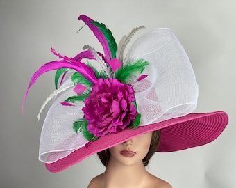 Tête de mariée rose fuchsia blanc disquette pièce Kentucky Derby chapeau mariage cocktail rose à large bord