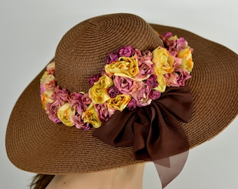 Chapeau souple marron à bord large : chapeau floral pour femme Kentucky Derby Tea Party Church