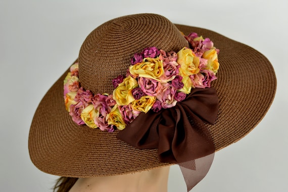 Brown Floppy Wide Brim Hat: Floral Kentucky Derby Tea Party  display picture 2