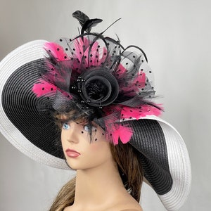 SALE Black White Woman Party  Kentucky Derby  Tea  Wedding Cocktail Party Hat Church Hat Wide Brim