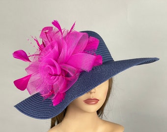 SALE Woman Navy Blue Hot Pink Hat Floppy Hat Party Hat Kentucky Derby Tea Wedding Cocktail Party Hat Church Hat Floppy Brim