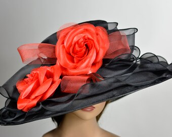 SALE Black Wedding  Kentucky Derby  Wedding  Cocktail Hat Tea Party Church Hat Wide Brim