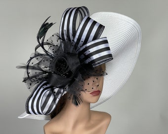 SALE White Black Woman Party Kentucky Derby Tea Hat Wedding Cocktail Party Hat Church Hat Wide Brim