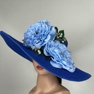 SALE Woman Blue Hat Party Tea Kentucky Derby Hat Wedding Cocktail Hat Wide Brim Flowers zdjęcie 2