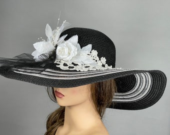 SALE Black Wedding  Vintage Style Hat Kentucky Derby Hat Wedding Accessory Cocktail Hat Wide Brim