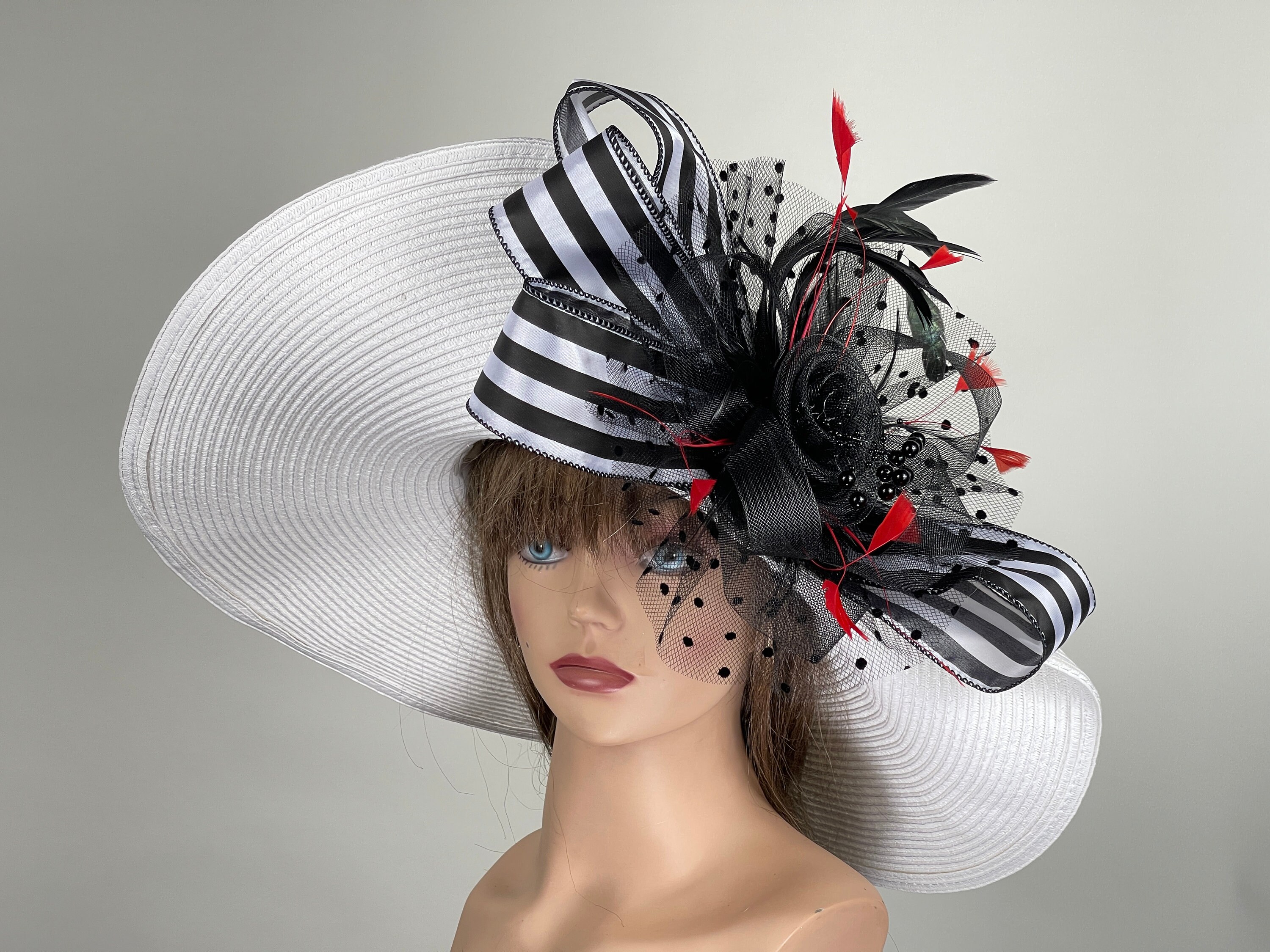 SALE Wide Brim Kentucky Derby Hat: off White, Black Ribbon  display picture 2