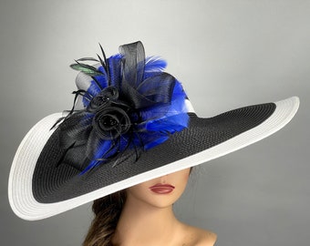 DERBY SALE Black White Strips Floppy Woman Party Hat Kentucky Derby Hat Tea Hat Wedding Accessory Cocktail Party Hat Church Hat