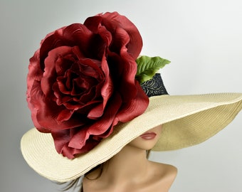 SALE Oversize Hat Burgundy Rose Kentucky Derby Hat Woman Hat Party Tee Summer Hat