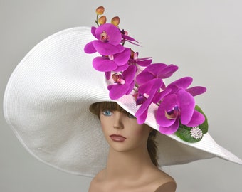 SALE Oversize Wedding Off White Hat Orchids Kentucky Derby Hat Bridal Hat Tea Party Hat Royal Hat Wedding Accessory Summer Hat Cocktail Hat