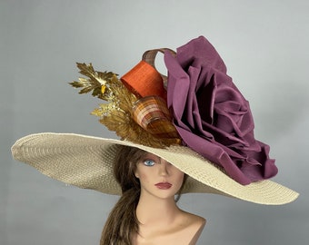 SALE Over Size 10" Brim Big Wedding  Kentucky Derby Hat Tea Hat Cocktail Summer Woman Hat Horse Racing Big Baige Tan Color Hat