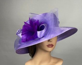 SALE Purple Lavender Hat Wedding  Kentucky Derby Bride Satin Hat Tea Party Hat Royal Wedding Summer Hat Cocktail Hat Horse Racing Wide Brim