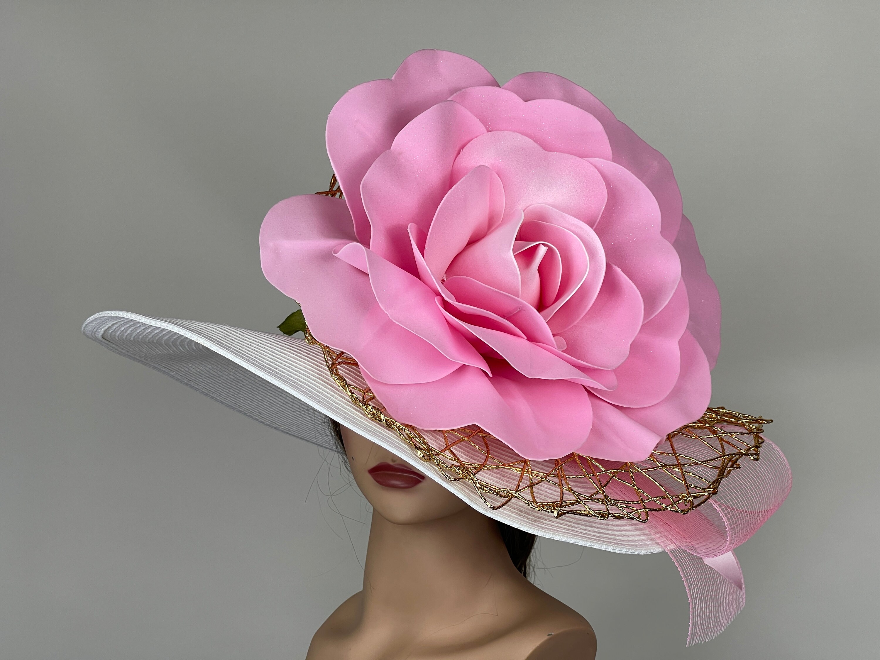 Corinthians Wide Brim Rose Kentucky Derby Preakness Wedding Church Hat O/S Women Kentucky Hats 2026 Derby Sun Hat Organza Summer Church  main image 4