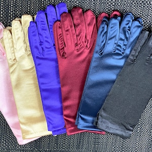DERBY SALE Wrist Length Satin GLOVES Gold Navy Blue Black Burgundy Satin Stretch Gloves Woman Gloves