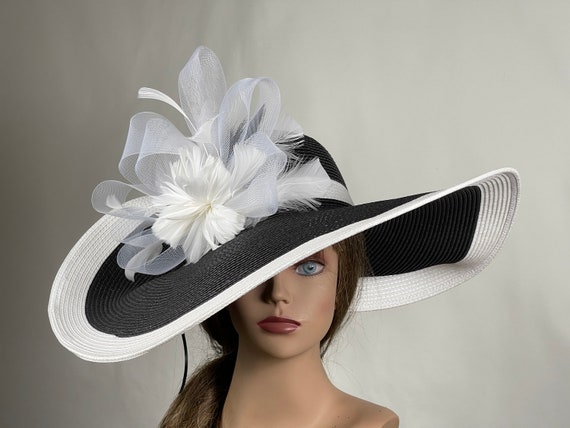 SALE Black White Strips Feathers Woman Party Kentucky Derby Tea Wedding Cocktail Party Hat Church Hat Wide Brim