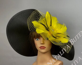 Black Yellow Woman Party Kentucky Derby Hat Tea Hat Wedding Accessory Cocktail Party Hat Church Hat Wide Brim