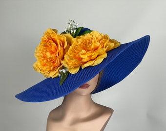 SALE Woman Blue Orange Hat Party Tea Kentucky Derby Hat Wedding Cocktail Hat Wide Brim Flowers