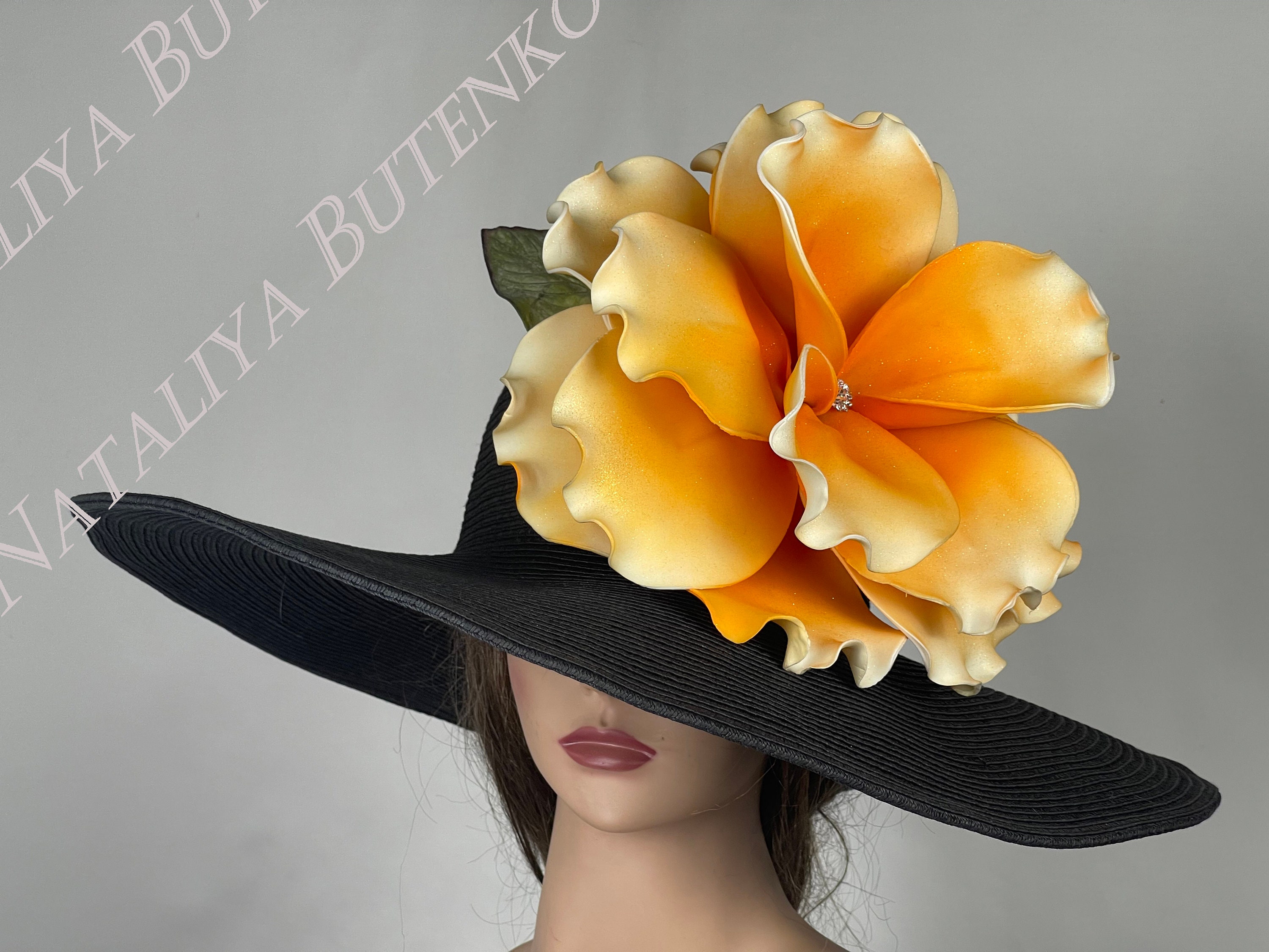 SALE Black Kentucky Derby Hat: Orange Floral Wide Brim 