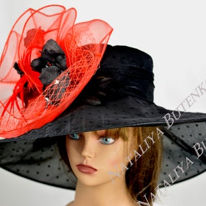 SALE Black Red Wedding  Kentucky Derby  Bridal Hat Tea Party Hat Royal Hat Wedding  Summer Hat Cocktail Hat Wide Brim