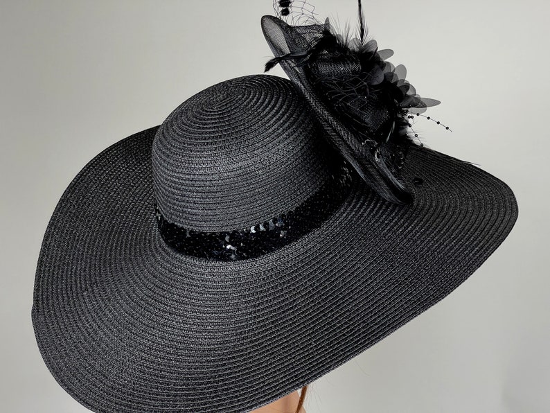 SALE Black Derby Woman Kentucky Derby Horse Racing Party Event Hat Tea Party Hat Wide Brim image 3
