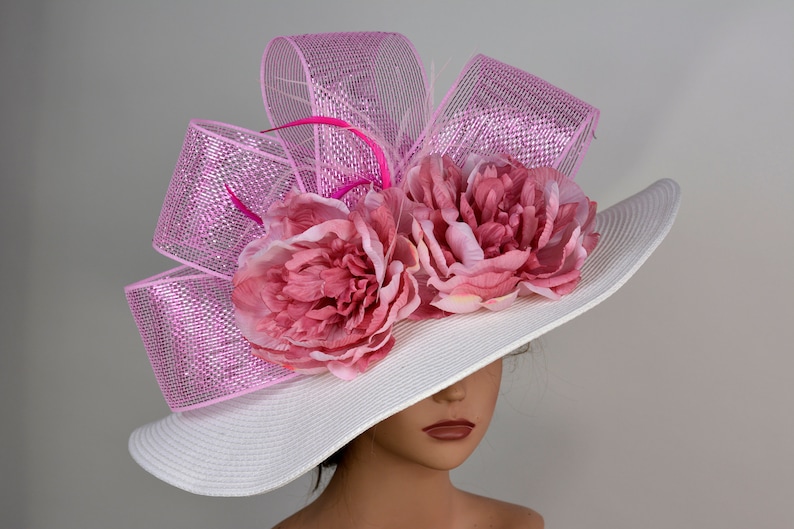 Off White Big Pink Bow Wedding Hat Kentucky Derby Hat Fascinator Wedding Accessory Cocktail Hat