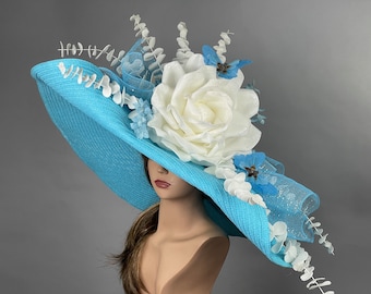 SALE Over Size 10" Brim Blue Big Wedding Kentucky Derby Hat Tea Hat Cocktail Summer Woman Hat Horse Racing Big Blue Hat