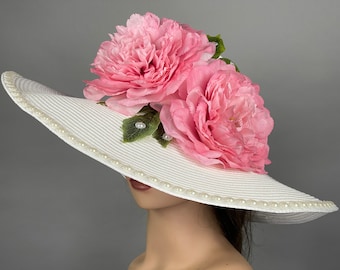 Felted Pillbox Hat: White Floral Derby Hat, Retro Wedding  display picture 1