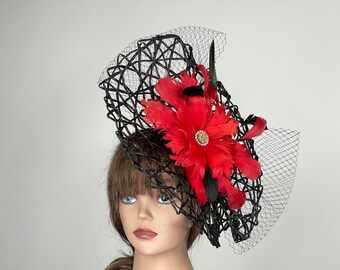 SALE Red Flower Kentucky Derby Fascinator: Black Headband  display picture 3