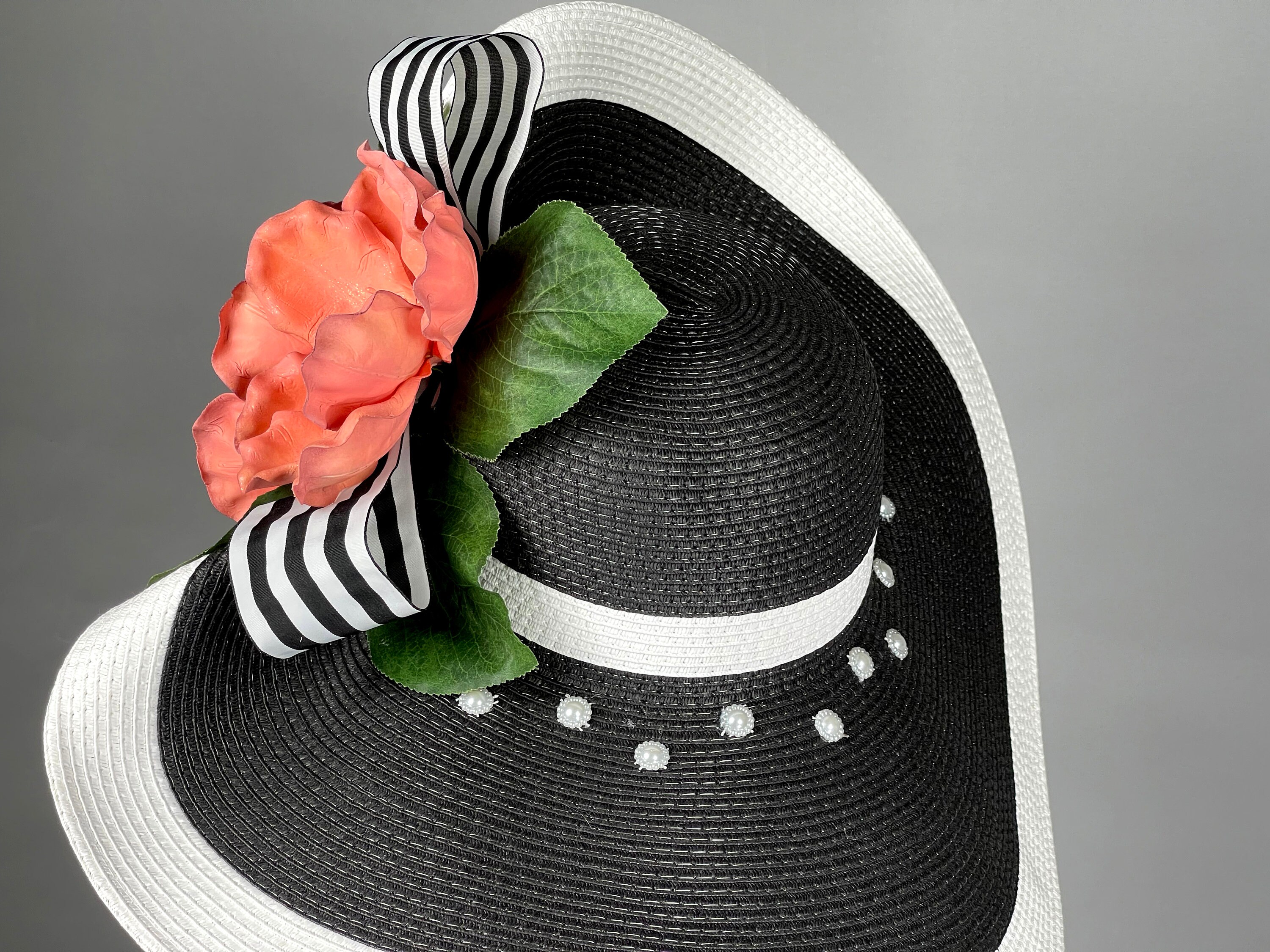 Vtg Arlin Black White woven wide brim Women Hat derby tea party cocktail party Black & White Kentucky Derby Hat: Wide Brim Tea Party Hat - Etsy main image 3