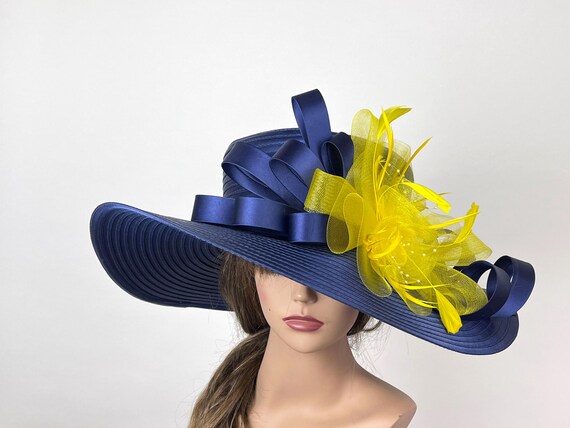 Navy Blue Satin Kentucky Derby Hat: Wide Brim Wedding Tea  display picture 1