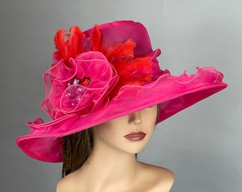 SALE Fuchsia Organza Wedding Kentucky Derby Hat Wedding Accessory Cocktail Hat Tea Party Church Pink Hat