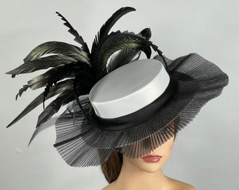 SALE White Black Wedding Kentucky Derby Bride Satin Hat Tea Party Hat Royal Hat Wedding Summer Hat Cocktail Hat