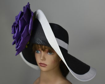 SALE Black White Strips Purple Woman Hat Party Kentucky Derby Tea Hat Wedding Cocktail Party Hat Church Hat Wide Brim