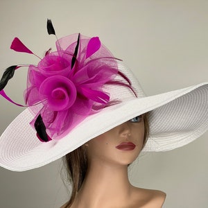 SALE White Hot Pink Fuchsia Woman Party Kentucky Derby Tea Hat Wedding  Cocktail Party Hat Church Hat Wide Brim