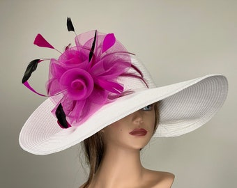 Wide Brim Kentucky Derby Hat: Off White, Fuchsia Flower, Party Occasion Church Woman Hat