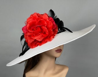 Off White Kentucky Derby Hat: Red Floral Wedding Occasion Hat Church Woman Hat
