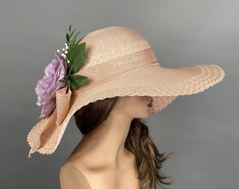 VERKOOP vrouw lichtroze hoed slappe hoed feesthoed Kentucky Derby thee bruiloft cocktail party hoed kerk hoed brede rand