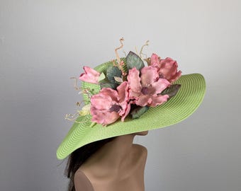 SALE Green Derby Hat: Women's Tea Party Floppy Brim Hat