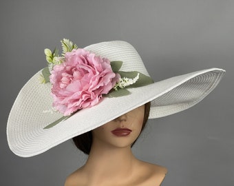 SALE White Pink Woman Party Kentucky Derby Tea Hat Wedding Cocktail Party Hat Church Hat Wide Brim