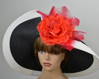 SALE Black White Strips Red Woman Party  Kentucky Derby Hat Tea Hat Wedding Accessory Cocktail Party Hat Church Hat Wide Brim