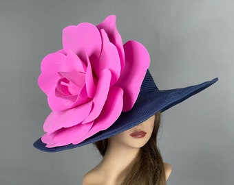 SALE Navy Blue Hot Pink Party Tea Kentucky Derby Hat Wedding Cocktail Hat Wide Brim