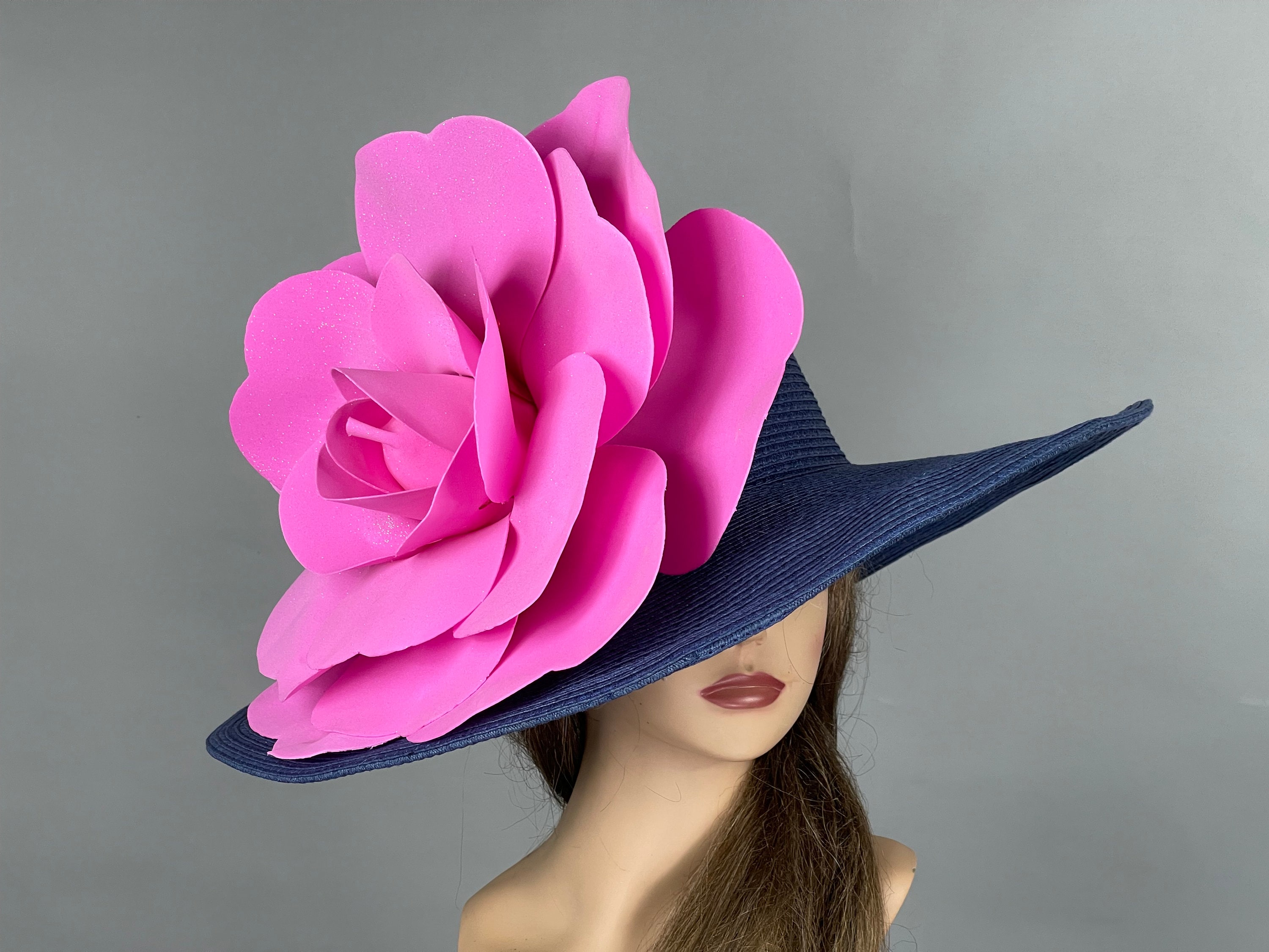 SALE Navy Blue Kentucky Derby Hat: Hot Pink Rose Wedding 